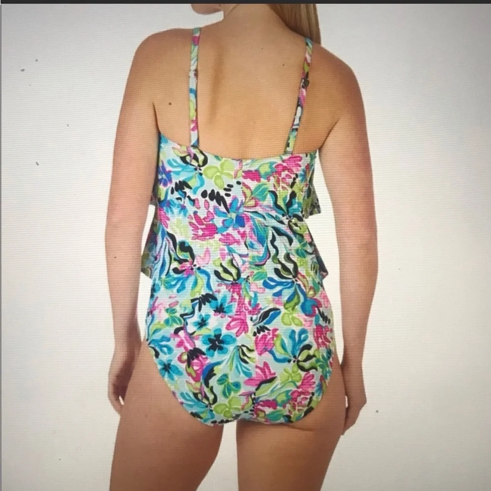 Caribbean Joe tiered bandeau 1 piece swimsuit removable straps floral Small NWT